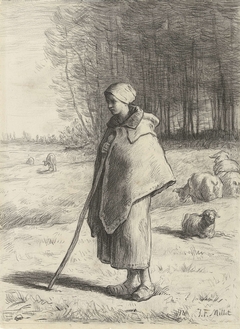Schaapherderin, leunend op een stok by Jean-François Millet