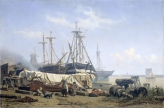 Schafttijd op een scheepstimmerwerf aan de Maas by Johan Conrad Greive