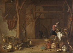 Scheune mit Geschirr reinigender Magd und Ziegen by Cornelis Saftleven