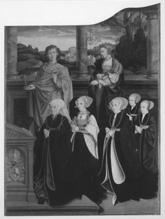 Siegen-Altar: Die hll. Johannes Ev. und Katharina mit Katharina von Siegen, geb. Wolff, und vier Töchtern  Rückseite: Kreuzannagelung Christi by Bartholomaeus Bruyn the Elder