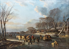 Sleigh travelers on a river in Holland by Andries Vermeulen