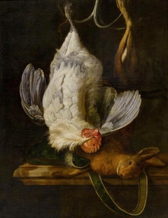 Still Life with a White Rooster and a Hare by Hendrick Fromantiou