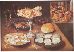 Still life with oysters and sweets, in the bakground "Lazarus and the Rich Man", ca. 1610-1620 by Osias Beert