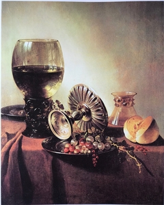 Still life with roemer and fallen tazza with inverted berkemeyer on a table by Pieter Claesz