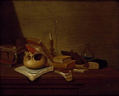 Still life with skull, books, candle and a flask by Gerrit van Vucht