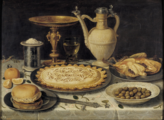 Still life with tazza, stoneware jug, saltcellar and dainties by Clara Peeters