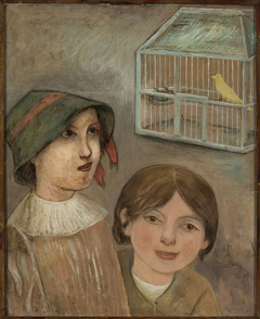 Two little girls beside a cage with a canary by Tadeusz Makowski