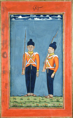 Two sepoys with rifles on their shoulders with fixed bayonets by Anonymous