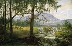 Tyrolean Landscape with Spruce Trees and a Waterfall by Johan Christian Dahl