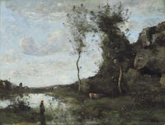 Une paysanne et sa vache à la mare en vue d'un village by Jean-Baptiste-Camille Corot