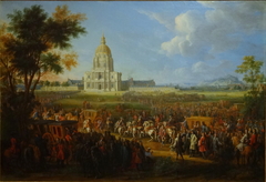 Vue de l'église de l'Hôtel royal des Invalides, que Louis XIV et sa suite viennent visiter by Pierre-Denis Martin