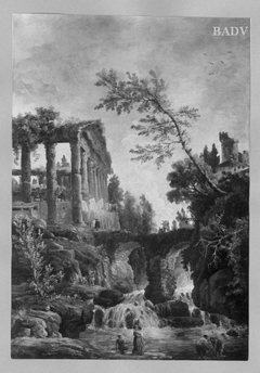 Wasserfall mit Brücke und antiker Tempelruine by Hubert Robert