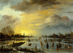 Winter landscape at sunset by Aert van der Neer