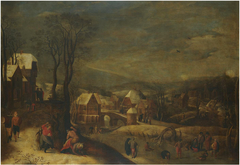 Winter landscape with travellers and people on a frozen river by Jacob Grimmer