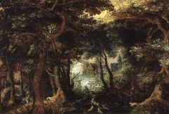 Wooded landscape with a deerhunt and a view of a village by David Vinckboons