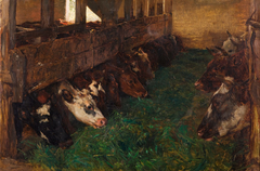 Young cattle enjoy green fodder in the barn by Otto Bache