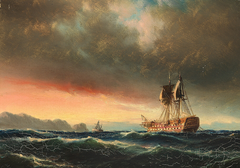 A damaged ship of the line at sunset. by Carl Bille