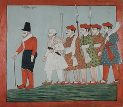 A European traveller with a cane, attended by five soldiers by Anonymous