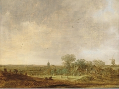 An Extensive Dune Landscape with Corn stooks and a Mill and a distant  view of the Grote kerk in The Hague by Jan van Goyen