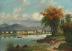 Blick über Flusslauf auf eine Residenzstadt und Schlosshügel. by Anton Pick