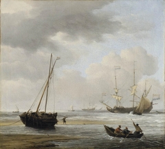 Coast scene with war ships and fishermen by Willem van de Velde the Younger