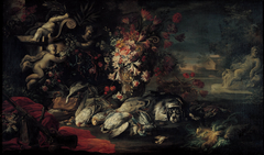 Death nature with shooting gear and flowers II by Jean-Baptiste Oudry