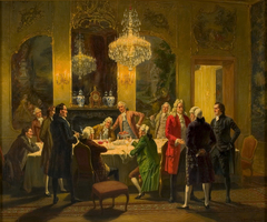 Een gezelschap heren in gesprek na de maaltijd by Albert Joseph Franke