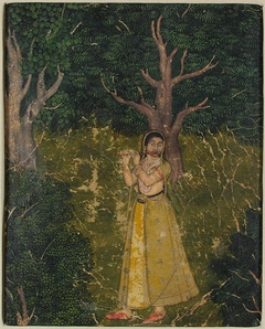 Female Musician playing the flute in the woods by anonymous painter