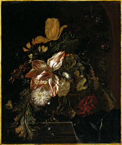 Flowers on a stone ledge by Carel Borchaert Voet