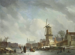 Frolicking on a Frozen Canal in a Town by Abraham Johannes Couwenberg