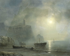 Gezicht op een rotsachtige kust bij maanlicht by Unknown Artist