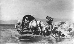 Hongaarse boeren verfrissen zich aan een waterplas by August von Pettenkofen