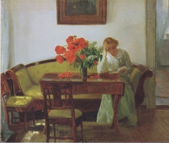 Interior with poppies and reading woman (Lizzy Hohlenberg) by Anna Ancher