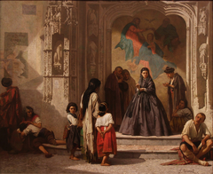 Jeune femme faisant la charité à l'entrée de la chapelle de l'hôpital San Sebastian à Cordoue by Léon Bonnat