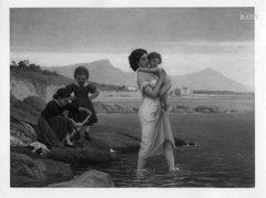 Junge Frau mit Kindern am Strand by Eugene de Blaas