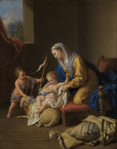 La Vierge amuse l'enfant Jésus, le petit Saint Jean avec un mouton by Louis-Jean-François Lagrenée