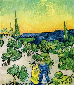 Landscape with Couple Walking and Crescent Moon by Vincent van Gogh