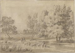 Landschap met bomen, ruiters en enkele koeien in een drenkplaats by Jan Laurensz. van der Vinne