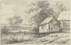 Landschap met een boerderij en schuur aan het water by Jan Hulswit