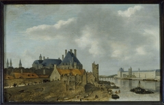 Le quartier du Petit Nesle avec l'Hôtel de Nevers, la tour de Nesle, la Grande Galerie du Louvre et le pont Royal (en bois), vus du Pont-Neuf by Abraham de Verwer