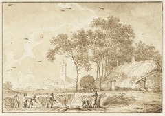 Maaiers bij een boerenhoeve by Hendrik Meijer