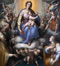 Madonna and Child in a Glory of Music-making Angels with the Magdalen and Saint Petronius by Orazio Samacchini