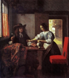 Man with a glass and a woman with a jug in an interior by Pieter de Hooch