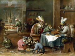 Monkeys having a meal in a kitchen by David Teniers the Younger