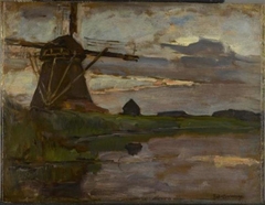 Oostzijdse mill viewed from downstream with streaked blue and yellow sky by Piet Mondrian