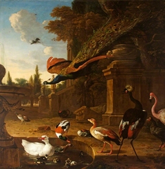 Ornamental Fowl in and beside a Pond in a Park, with a Peacock in Flight by Melchior d'Hondecoeter