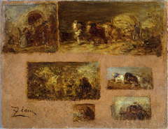 Panneau de six études de chariot (au recto) ; Paysage (au verso) by Félix Ziem