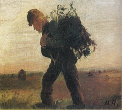 Per Bollerhus with his bundle of twigs going across the heath by Anna Ancher