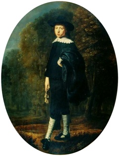 Portrait of a young man with the greenery in the background. by Dirck Dircksz. van Santvoort