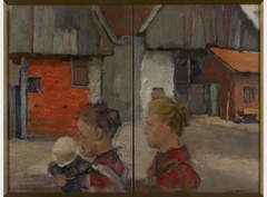 Rear gables of farm buildings with figures by Piet Mondrian